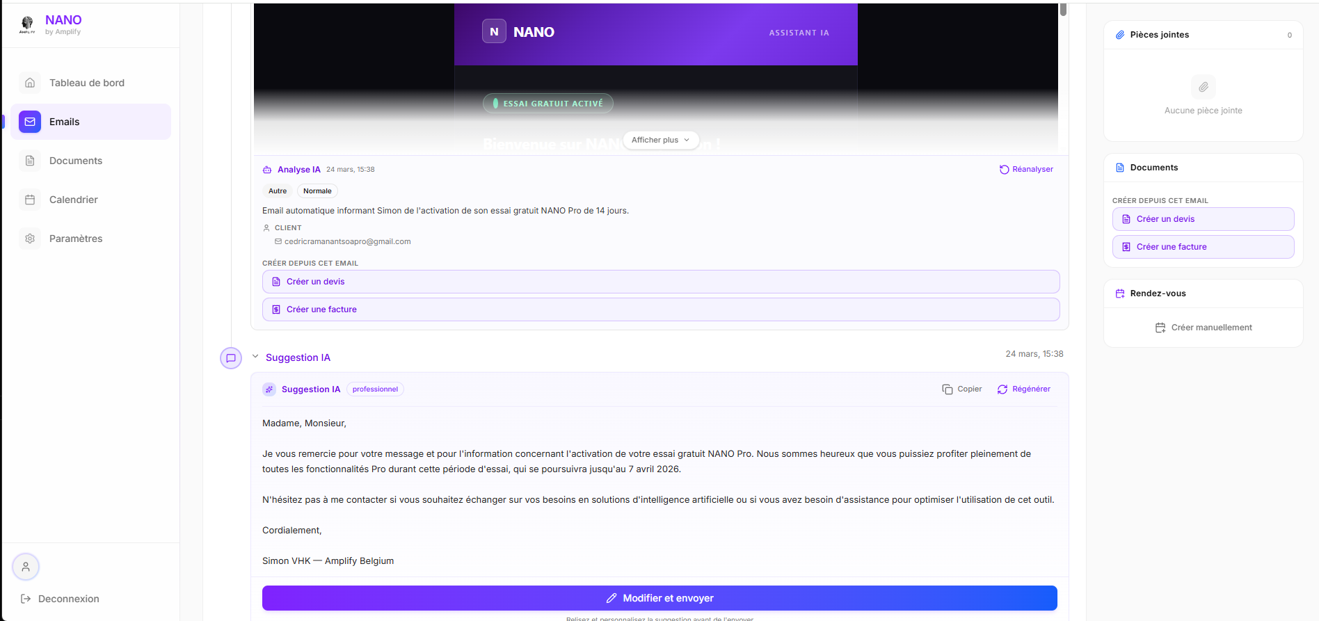 Vue email NANO avec assistant IA