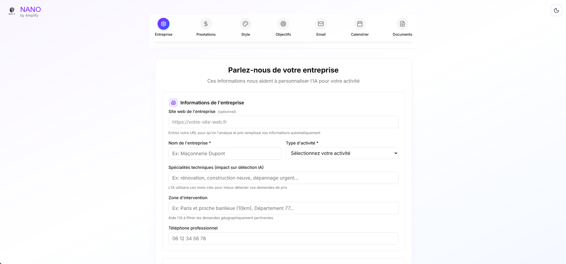 Onboarding NANO — configuration en quelques étapes